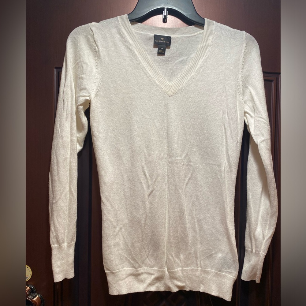 Worthington Women V-Neck Pullover Sweater, Size-XS, Color-White
